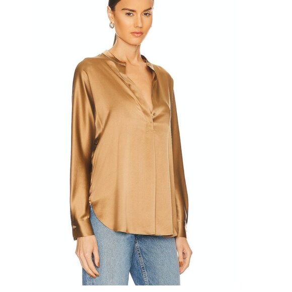 VINCE Band Collar Silk Blouse Bronze Almond Size XS - Picture 1 of 4
